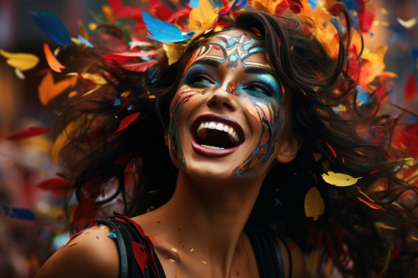 Dynamic celebration woman freezing carnival confetti Dynamic celebration woman freezing carnival confetti