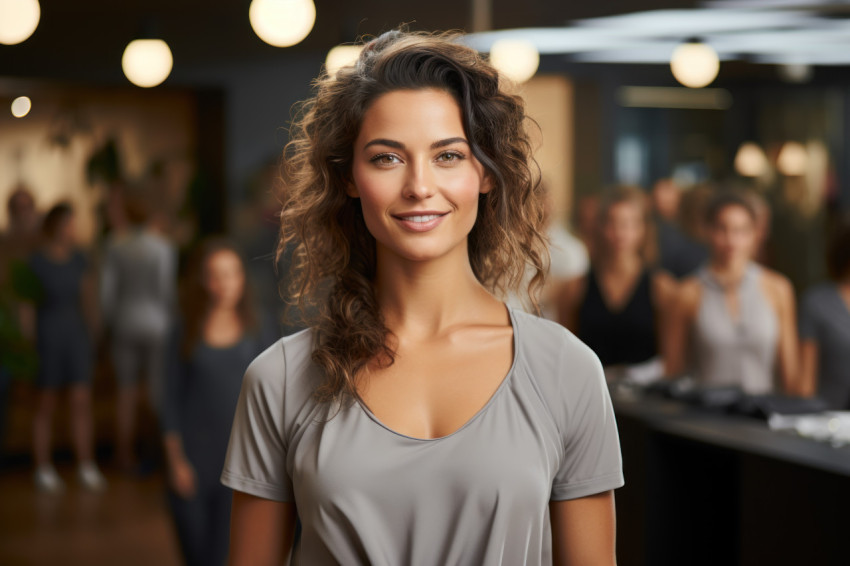 Fitness in the office businesswoman encouraging workplace wellness Fitness in the office businesswoman encouraging workplace wellness