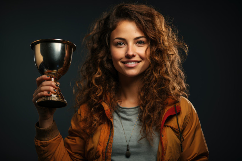 Euphoric achievement woman raises trophy Euphoric achievement woman raises trophy