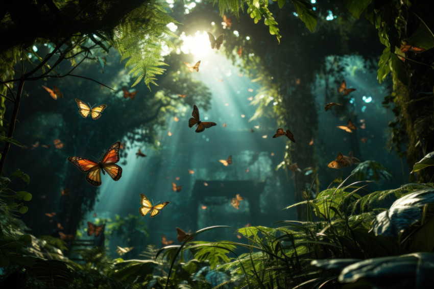 Butterflies dancing in sunlit forest