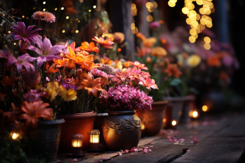 Colorful florals amidst twinkling lights
