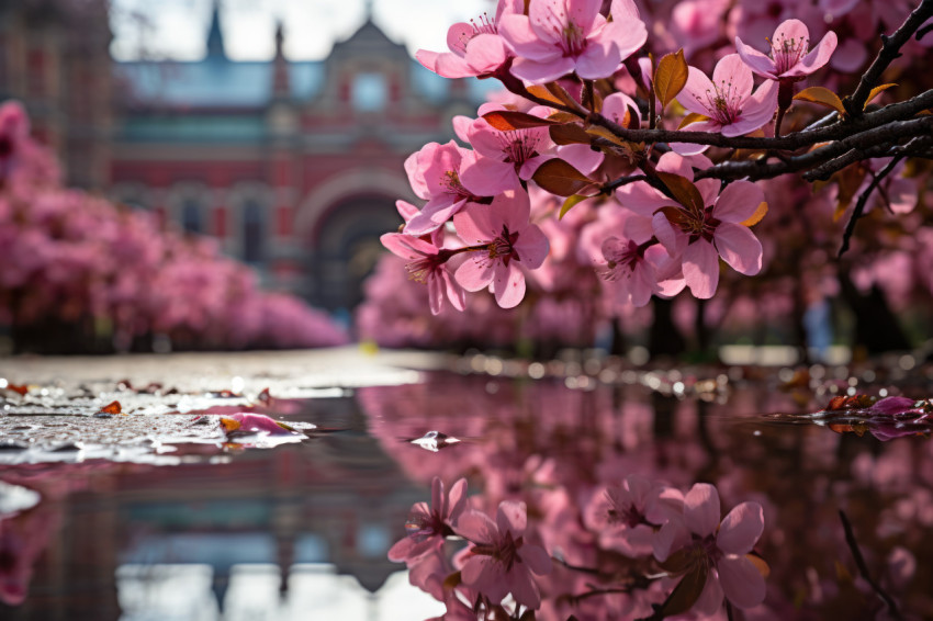 Puddles echoing the beauty of blossoming trees