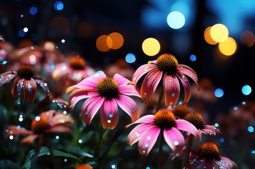Midnight garden flowers adorned with starlit glow