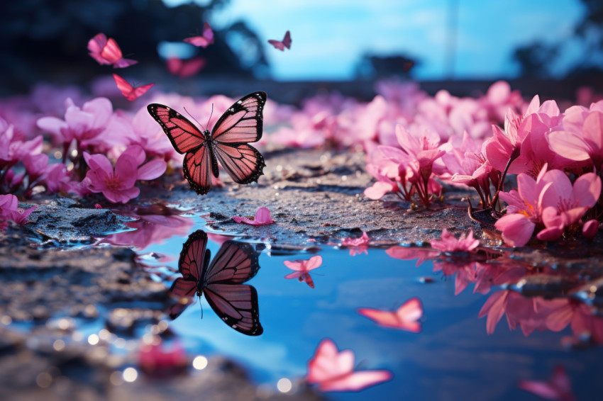 Butterfly alight on sky reflecting pool