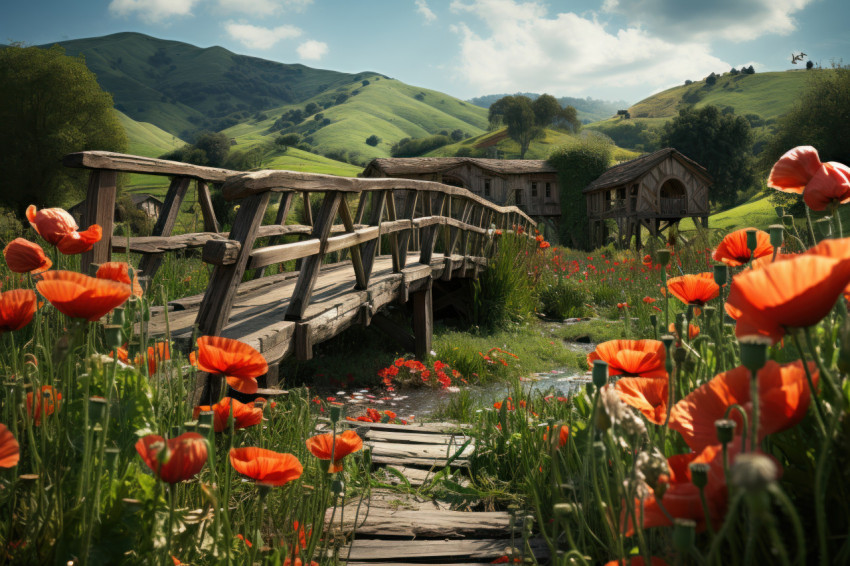 Poppies and pathways rustic bridge stitching nature beauty Poppies and pathways rustic bridge stitching nature beauty