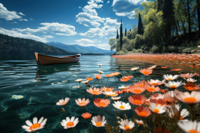Sailboat sailing through a poppy embraced lake Sailboat sailing through a poppy embraced lake