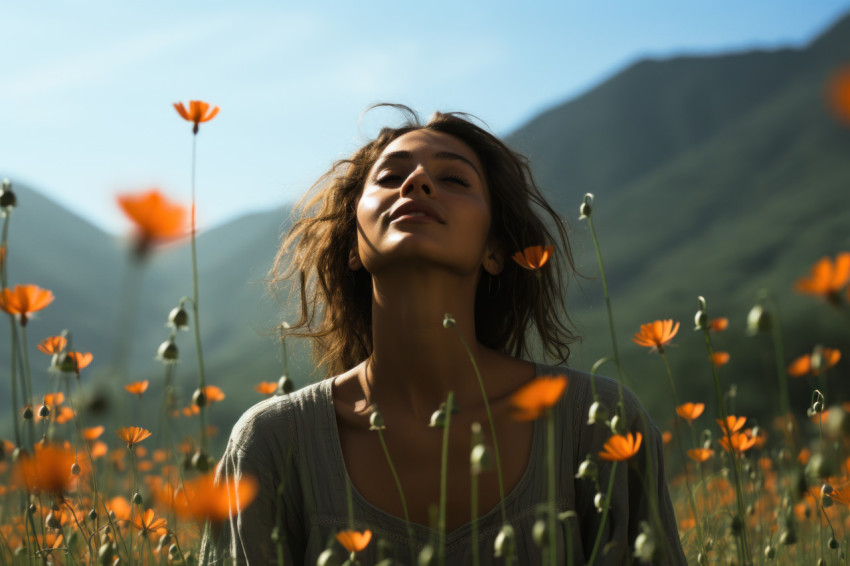 Peaceful reflection meditating in a poppy field Peaceful reflection meditating in a poppy field