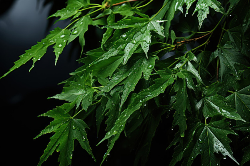 Green leaves falling amidst stormy clouds
