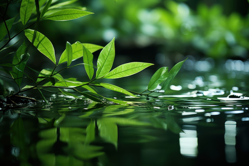 A calm pond mirrors the tranquility of lush green leaves A calm pond mirrors the tranquility of lush green leaves
