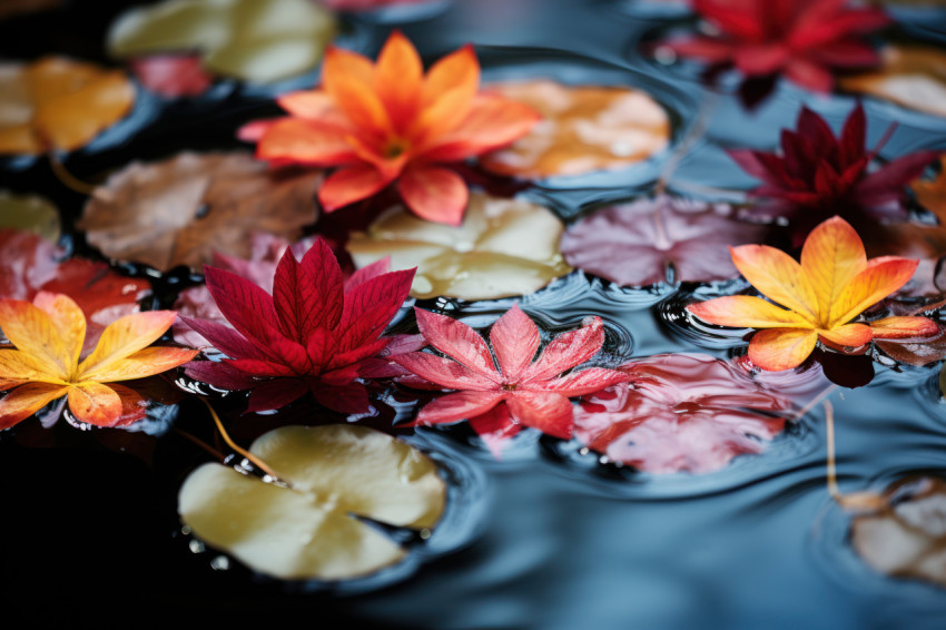 Close up of colorful maple leaves adrift on a calm pond