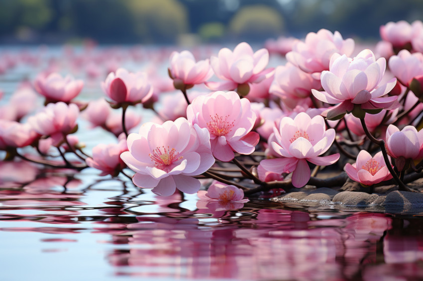 Calm and serene lotus pond landscape with pink petals Calm and serene lotus pond landscape with pink petals