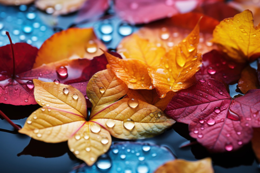 Close up shot of colorful maple leaves adrift on a serene pond Close up shot of colorful maple leaves adrift on a serene pond