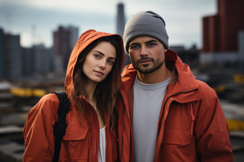 Trendsetting couple against an urban skyline Trendsetting couple against an urban skyline