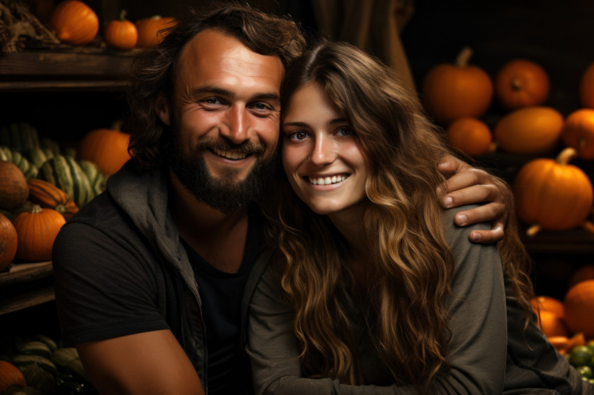 Couple celebrating amidst pumpkins and fall foliage Couple celebrating amidst pumpkins and fall foliage