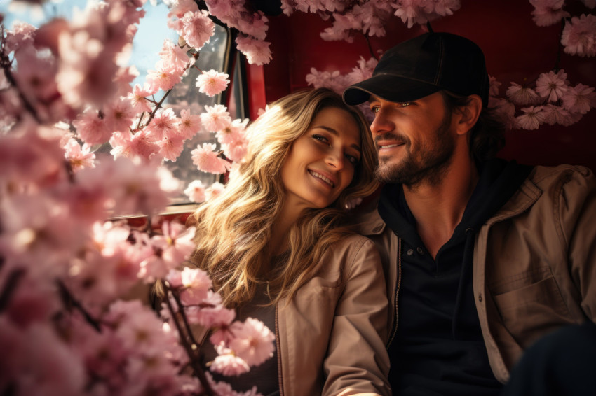 Couple adrift in a boat amidst cherry blossoms Couple adrift in a boat amidst cherry blossoms