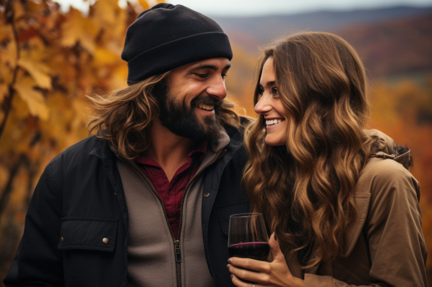Couple enjoying wine amidst vibrant fall colors Couple enjoying wine amidst vibrant fall colors