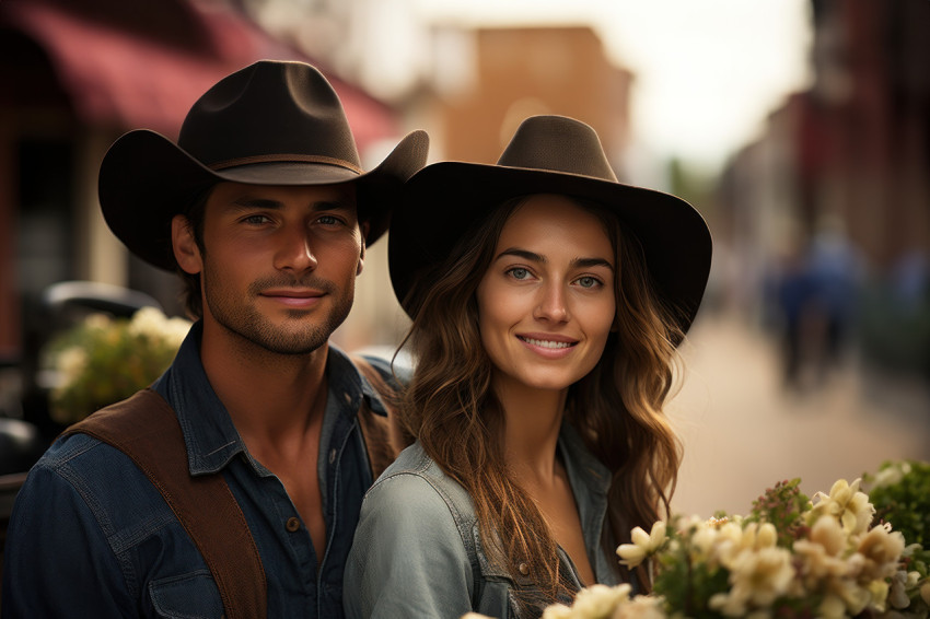 Couple in a horse drawn carriage exploring a quaint town Couple in a horse drawn carriage exploring a quaint town