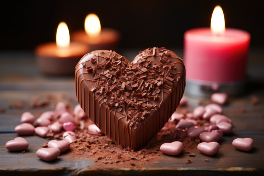 Heart chocolate held up to candlelight for a cozy and intimate scene Heart chocolate held up to candlelight for a cozy and intimate scene