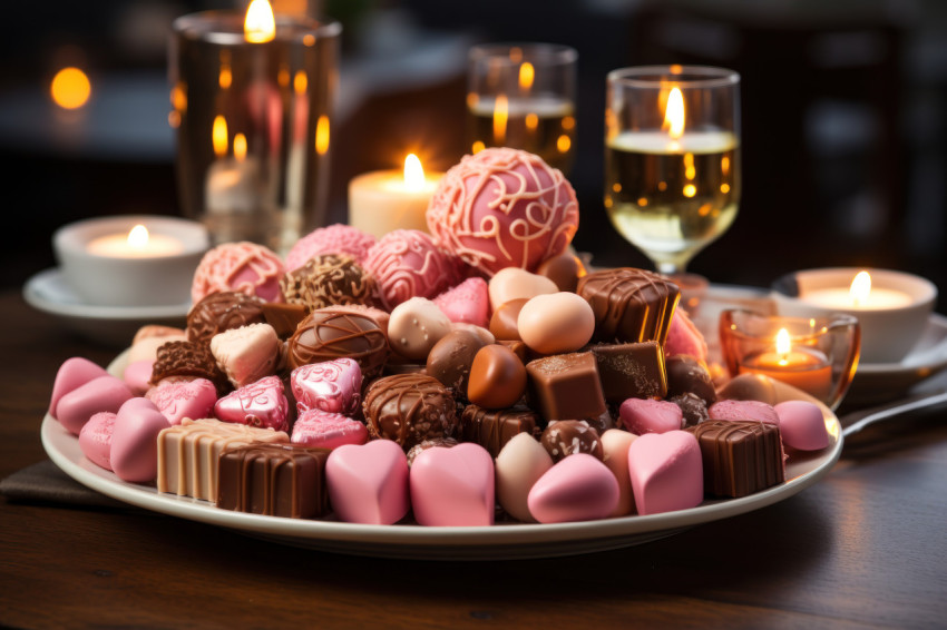 Heart shaped delights surrounded by candles in a romantic setup Heart shaped delights surrounded by candles in a romantic setup