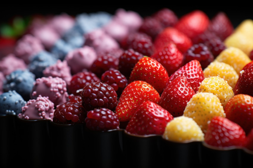 Vibrant rainbow colored chocolate strawberries arranged in a cheerful display Vibrant rainbow colored chocolate strawberries arranged in a cheerful display