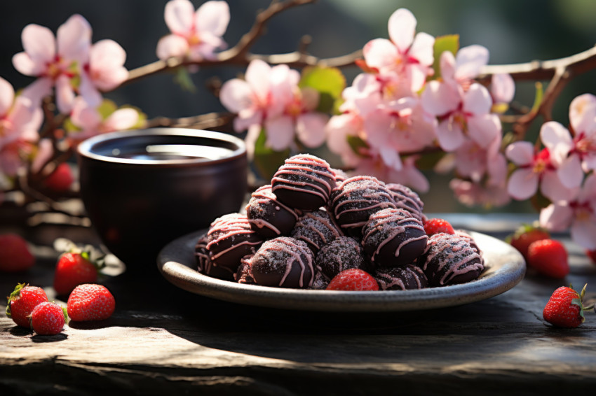 Chocolate coated strawberries in a peaceful japanese garden Chocolate coated strawberries in a peaceful japanese garden