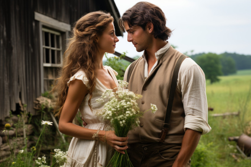 Bridal flower exchange in a quaint meadow with rolling hills and barn Bridal flower exchange in a quaint meadow with rolling hills and barn