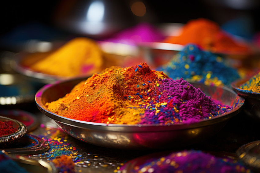 Colorful chaos frisbees bursting with holi powder Colorful chaos frisbees bursting with holi powder