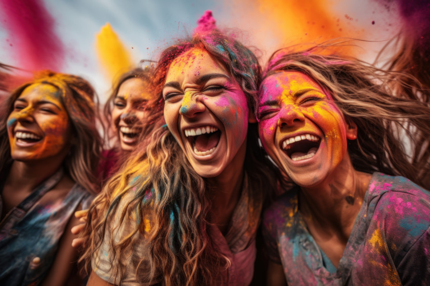 Powdered laughter friends capturing joy in holi vibrancy Powdered laughter friends capturing joy in holi vibrancy