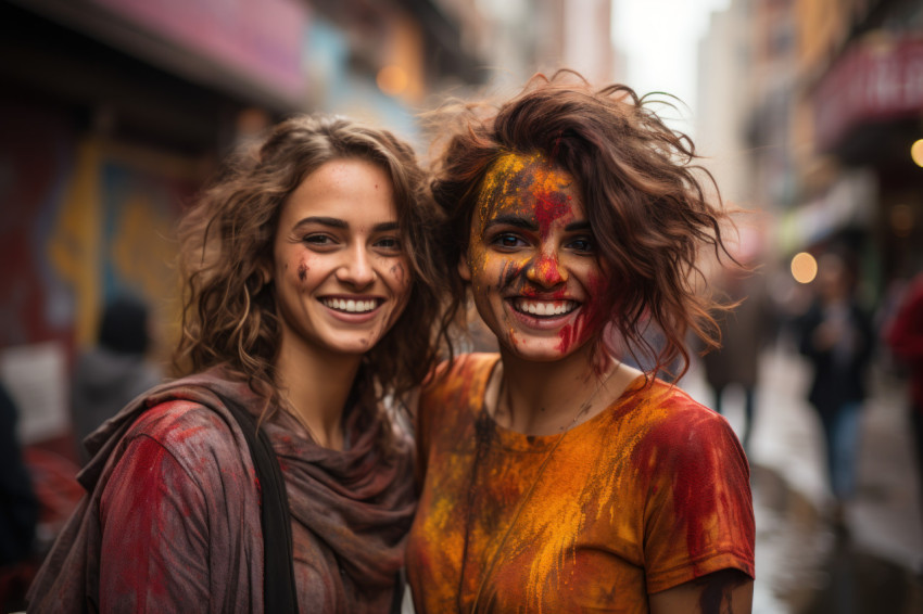 Two women immersed in holi festivities Two women immersed in holi festivities