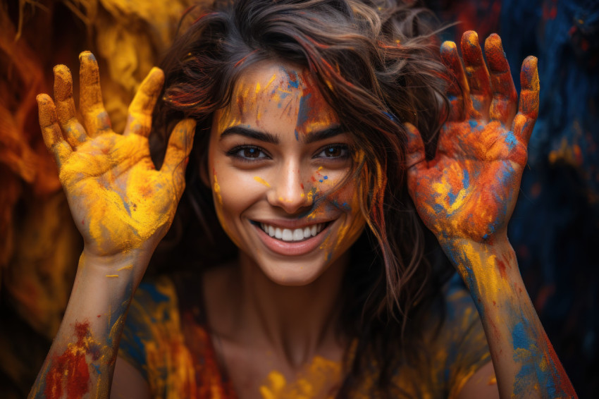 Woman brimming with joy and painted hands