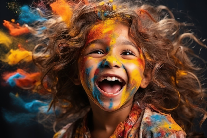 Child girl immersed in colorful painting play Child girl immersed in colorful painting play