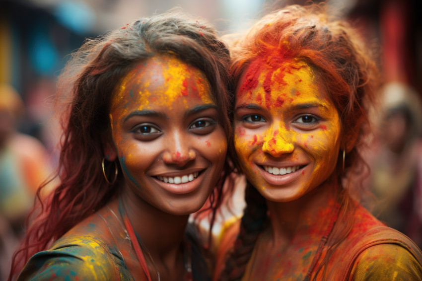 Women showcasing colorful face paint amid festivities Women showcasing colorful face paint amid festivities