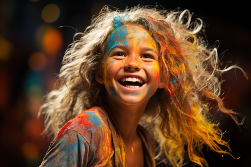 Happy young girl engaged in colorful powder celebration Happy young girl engaged in colorful powder celebration