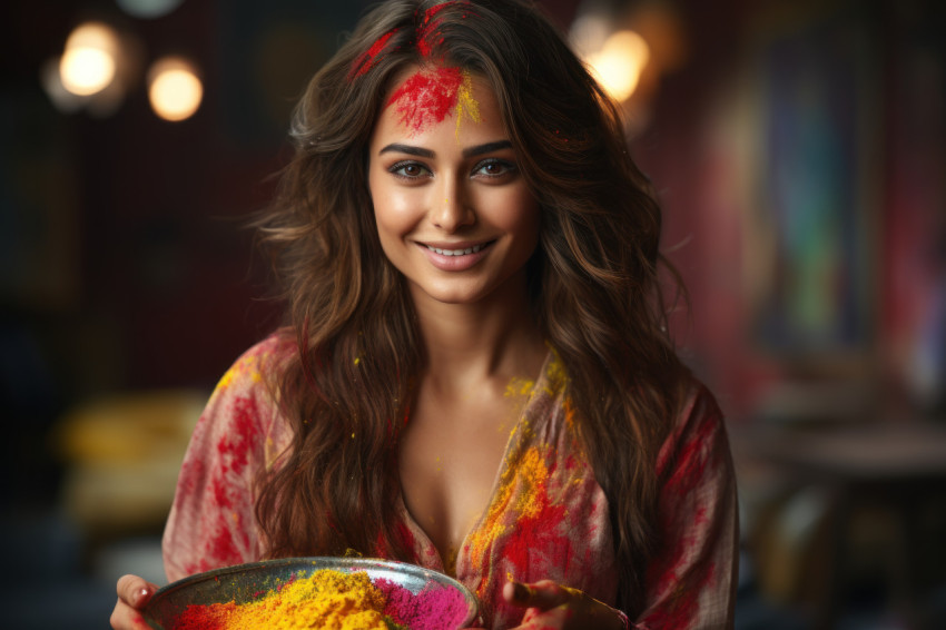 Happy woman enchants holi festival with powder in hand Happy woman enchants holi festival with powder in hand
