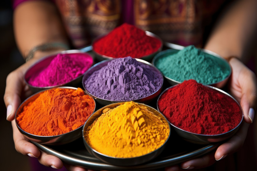 Woman showcasing colorful holi powders on plate Woman showcasing colorful holi powders on plate