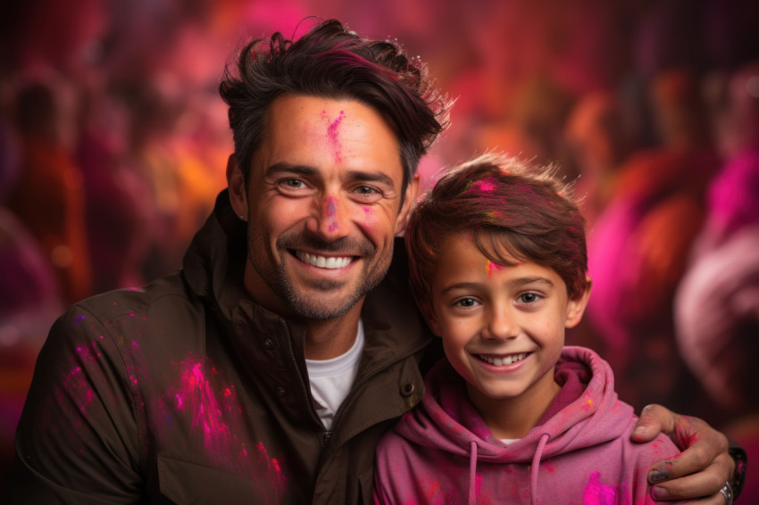 Hindu father and son embrace festival Hindu father and son embrace festival