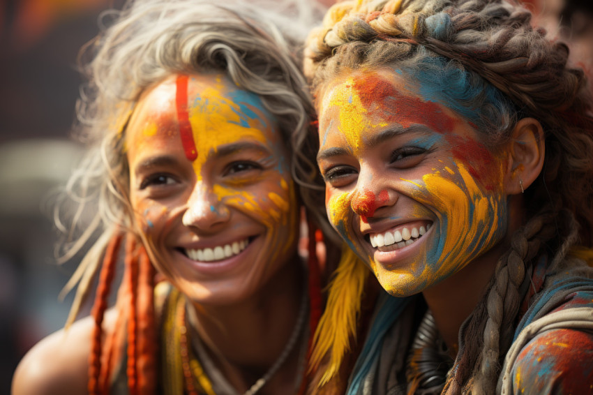 Grinning women embrace festive artistry Grinning women embrace festive artistry