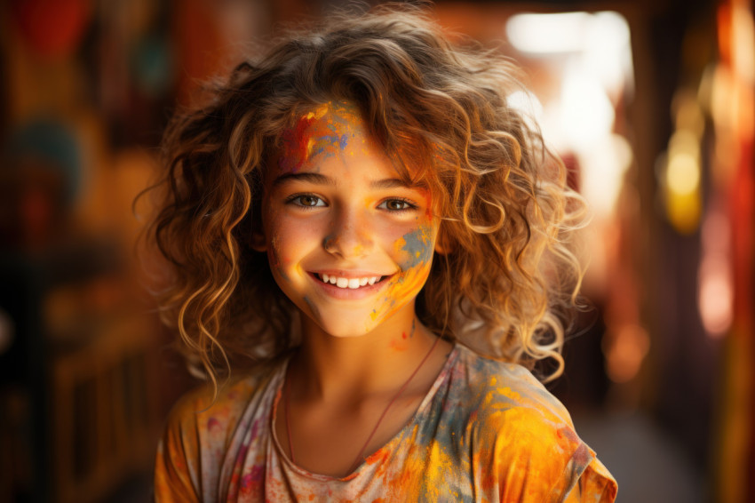 Young girl radiates joy with holi paint Young girl radiates joy with holi paint