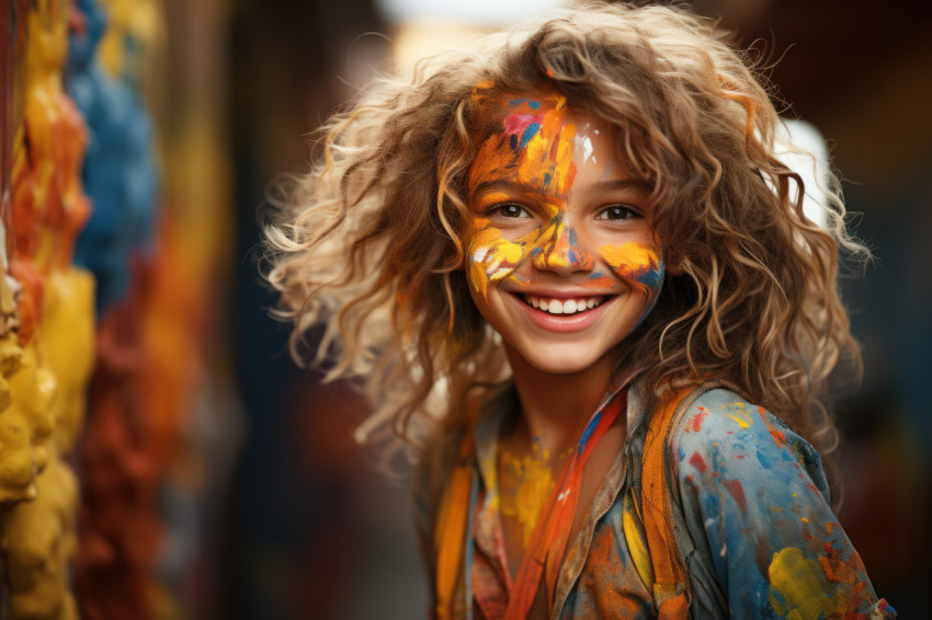 Smiling girl embraces festive colors Smiling girl embraces festive colors