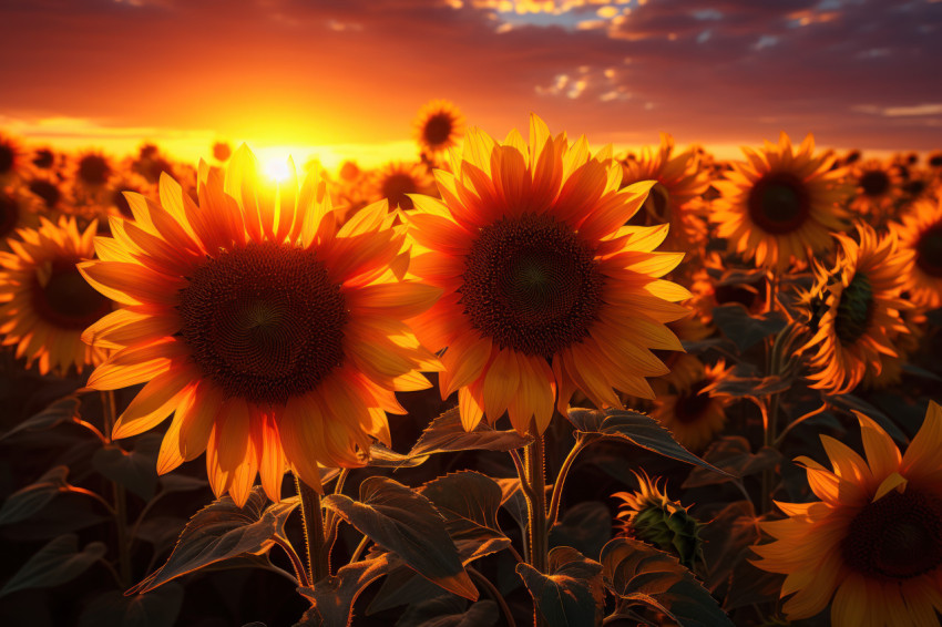 Sunset casts shadows on sunflower field Sunset casts shadows on sunflower field
