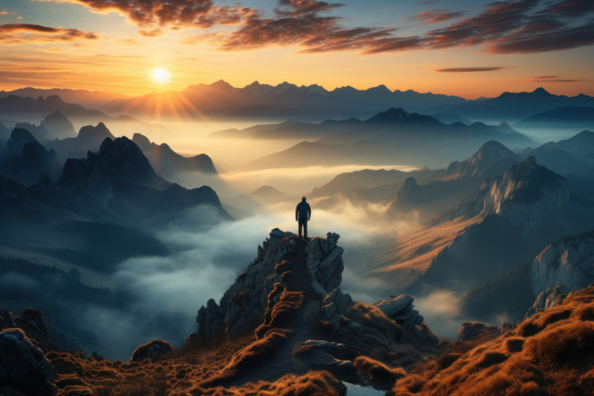 Hiker perspective on mountain edge Hiker perspective on mountain edge