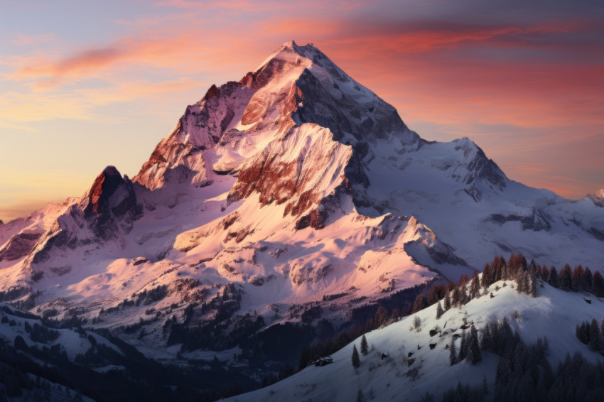Pink sunrise over snowy mountain summit Pink sunrise over snowy mountain summit
