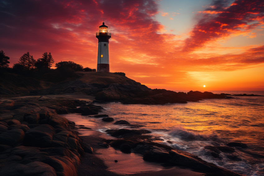 Lighthouse silhouetted in vibrant sunset