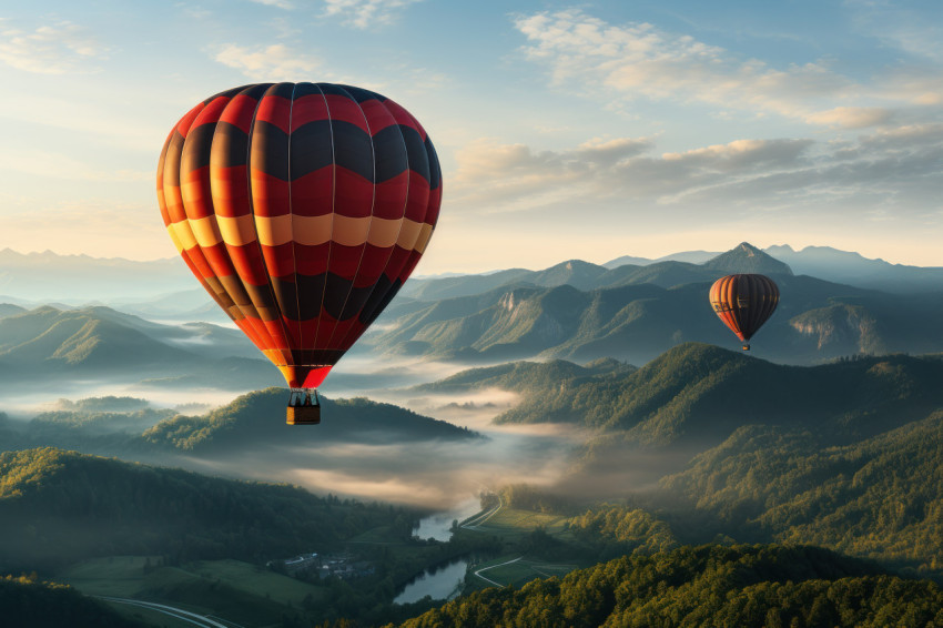 Sunrise soar hot air balloon among dawn peaks Sunrise soar hot air balloon among dawn peaks