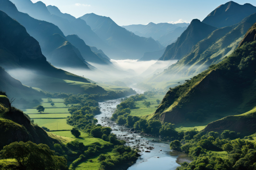 Valley ethereal charm amidst morning mist Valley ethereal charm amidst morning mist