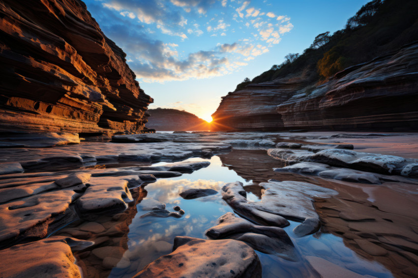 Sunrise reflection pool on rocky shore