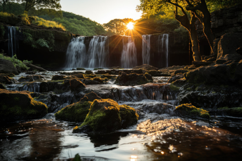 Waterfall sunset serenade play of light and shadow