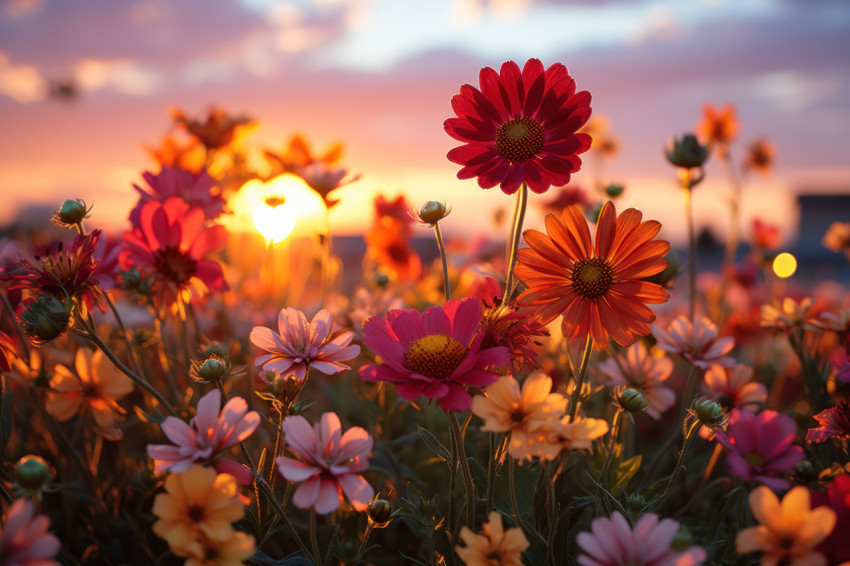 Sunset warm embrace on field of wildflowers