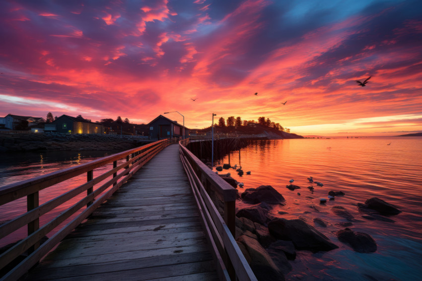 Seagulls grace coastal pier in colorful sky