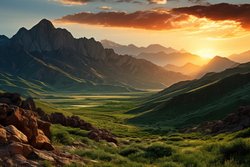 Mountain range casting valley twilight